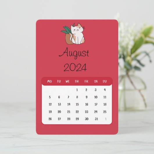 Augustus 2024 Stand Alone Kat en Plant Kalender Menu (Staand voorkant)