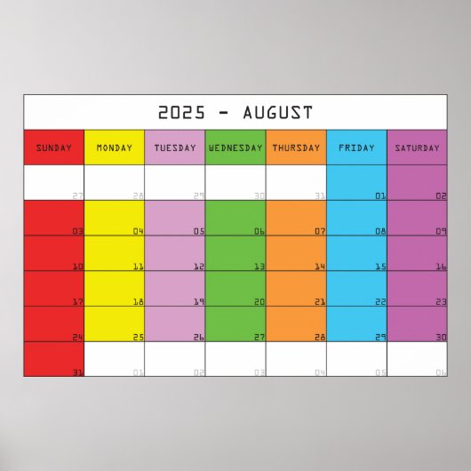 Augustus 2025 kleur dagen kalender planner poster (Voorkant)