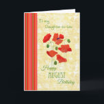 Augustus Birthday Card for Daughter-in-law, Poppie Kaart<br><div class="desc">Een  verjaardagskaart voor een schoondochter,  met Scarlet Field Poppies op een Corn Yellow background,  de Birth Month Flower van augustus; uit een handbeschilderd papieren collage van Judy Adamson. Deel van het collectie "Papavers" van Posh & Painterly.</div>