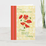 Augustus Birthday Card for Daughter-in-law, Poppie Kaart<br><div class="desc">Een  verjaardagskaart voor een schoondochter,  met Scarlet Field Poppies op een Corn Yellow background,  de Birth Month Flower van augustus; uit een handbeschilderd papieren collage van Judy Adamson. Deel van het collectie "Papavers" van Posh & Painterly.</div>