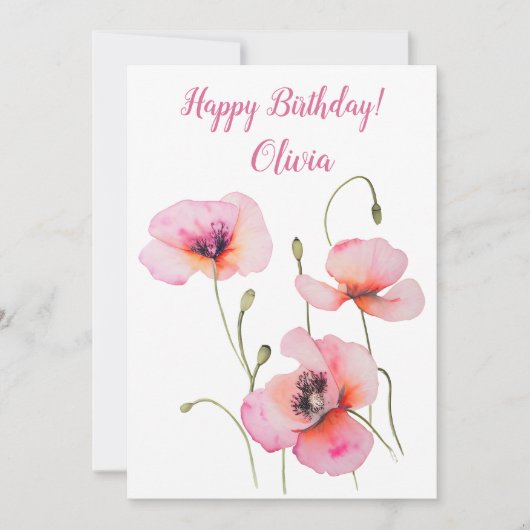 Augustus geboortebloem Roze klaprozen Waterverf Bl Feestdagenkaart (Voorkant)