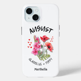 AUGUSTUS Geboortemaand Bloem Aangepaste naam iPhone 15 Case