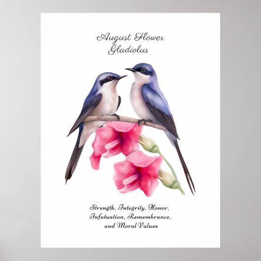 Augustus Geboortemaand Bloem Gladiolen met Vogels Poster (Voorkant)