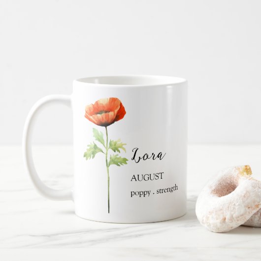 AUGUSTUS PAPAVER GEBOORTE BLOEM MAAND NAAM CADEAU KOFFIEMOK (Met donut)