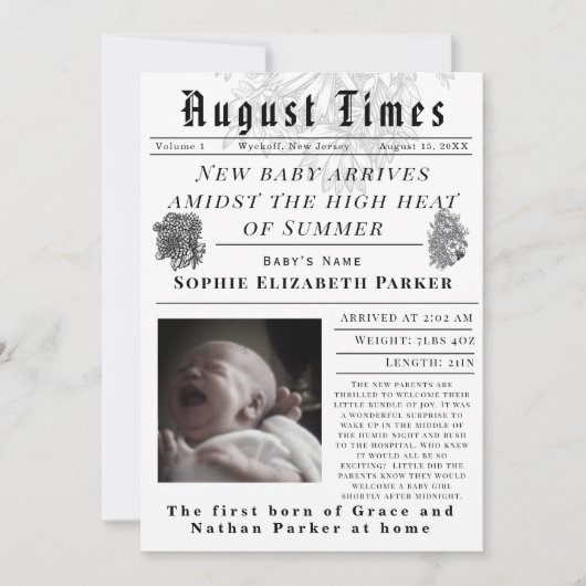 Augustus Times Pasgeboren Geboorte Aankondiging (Voorkant)
