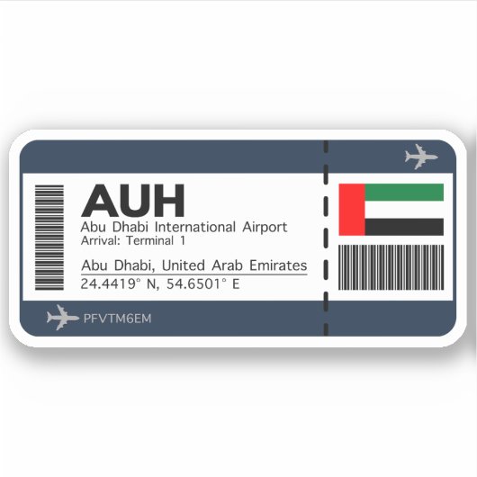 AUH Abu Dhabi Boarding Pass - Airport Ticket Sticker (Voorkant)