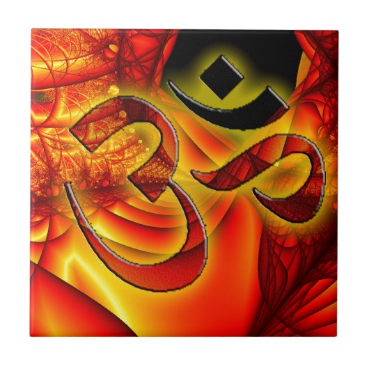 Aum om op fractaal rood en geel tegeltje (Voorkant)