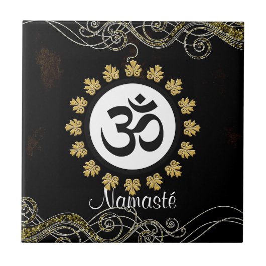 Aum Symbool Mantra Meditation Black en Gold Tegeltje (Voorkant)