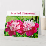 Aunt Extragewoon BAE Love Peonies Elegant Chic Kaart<br><div class="desc">Cute, elegant, and trendy large greeting card with a beautiful foto of two pink-red peonies for your favorite auntie on Mother's Day, her birthday, or any other gebruikte. For an Amazing "Aunt Extragewoon, " one with gedulence, kindness, and understanding, and lots of love. You can customize all the text fields...</div>