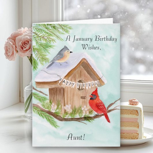 Aunt Happy January Birthday Birds Kaart