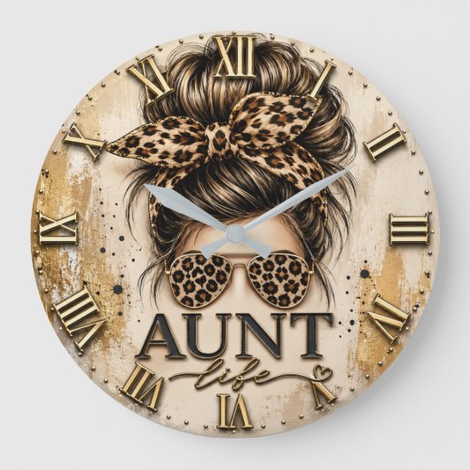 Aunt Life Leopard Print Messy Bun Cheetah Grote Klok (Voorkant)