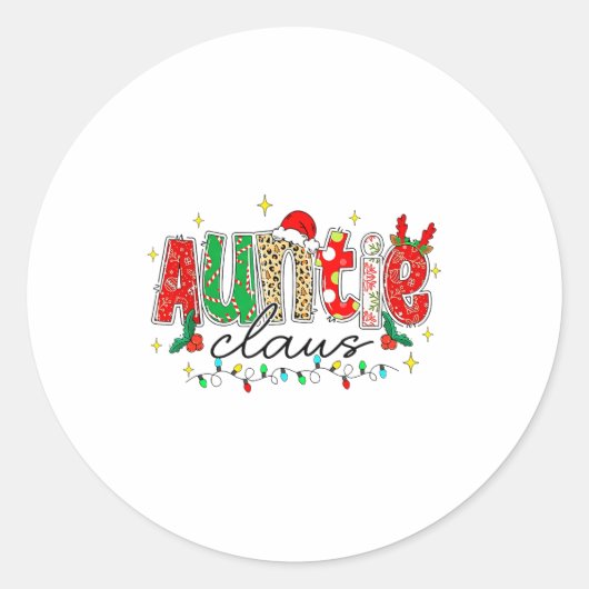 Auntie Claus Aunt Christmas Lights Pajama Family M Ronde Sticker (Voorkant)