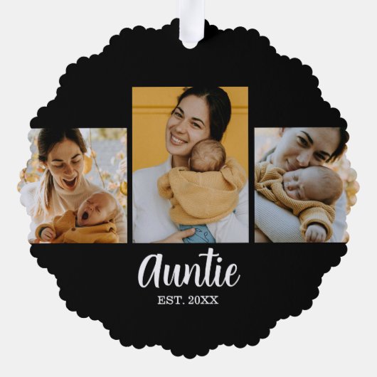 Auntie Established Modern Script Black 3 Photo Ornament Kaart (Achterkant)