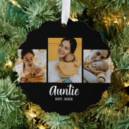 Auntie Established Modern Script Black 3 Photo Ornament Kaart