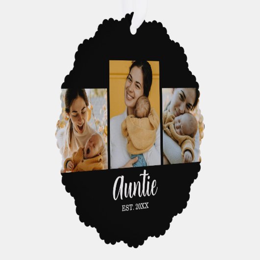 Auntie Established Modern Script Black 3 Photo Ornament Kaart (Rechts)