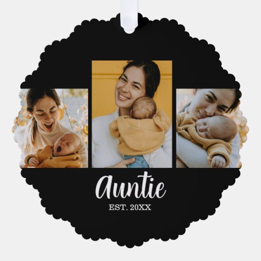 Auntie Established Modern Script Black 3 Photo Ornament Kaart (Voorkant)
