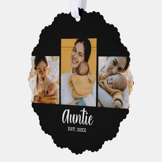 Auntie Established Modern Script Black 3 Photo Ornament Kaart (Links)