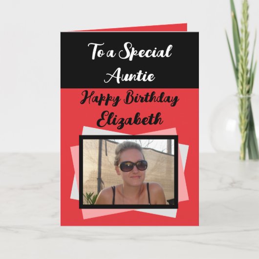 Auntie foto naam rode zwarte verjaardag kaart (Voorkant)
