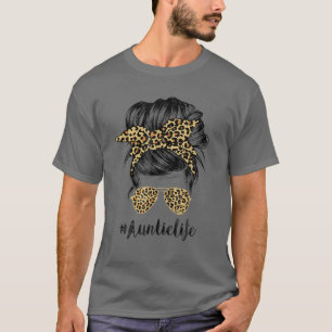 Auntie Life Messy Hair Bun Leopard Vrouwen Moeders T-shirt