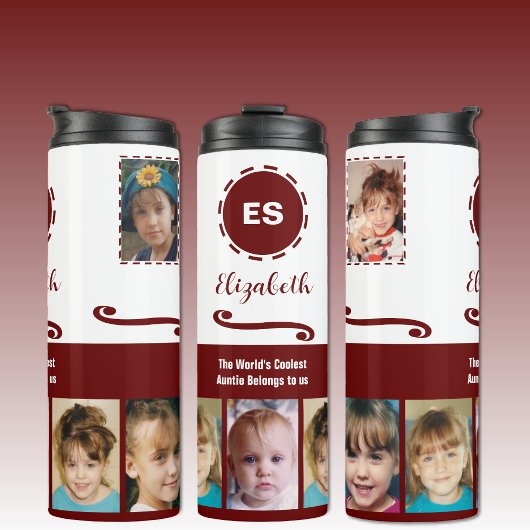 Auntie voegt foto's toe, collage, witte burgundy thermosbeker