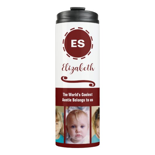 Auntie voegt foto's toe, collage, witte burgundy thermosbeker (Voorkant)