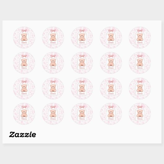 Aurora | Aangepaste Roze Teddybeer Nursery Design Ronde Sticker (Vel)