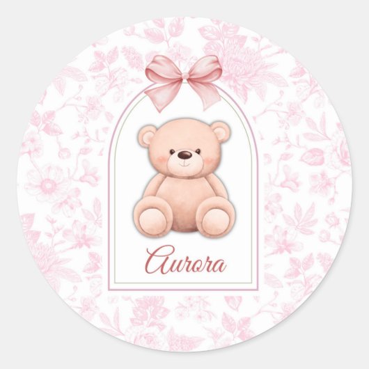 Aurora | Aangepaste Roze Teddybeer Nursery Design Ronde Sticker (Voorkant)