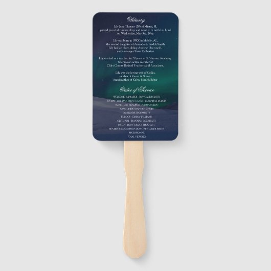 Aurora begrafenisprogramma herdenkingsceremonie handwaaier (Achterkant)