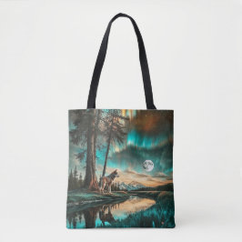Aurora Borealis 2 Wolf Design Tote Bag