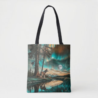 Aurora Borealis 2 Wolf Design Tote Bag