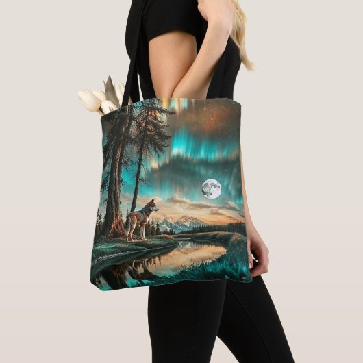 Aurora Borealis 2 Wolf Design Tote Bag (Dichtbij)