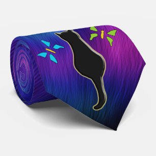 Aurora Borealis & Black Cat Silhouette & Butterfly Stropdas