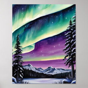 Aurora Borealis boven besneeuwd bos, dennen, lands Poster