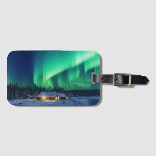 Aurora borealis boven winterhut bagagelabel (Voorkant (horizontaal))
