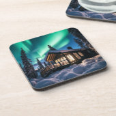 Aurora borealis boven winterhut bier onderzetter (Linkerzijde)