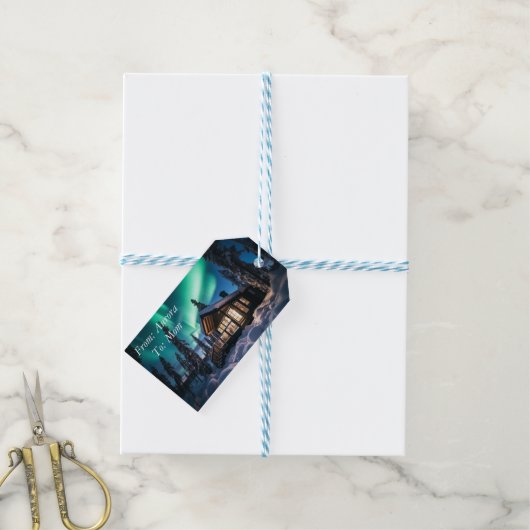 Aurora borealis boven winterhut cadeaulabel (Met Touw)