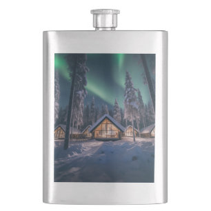 Aurora borealis boven winterhut flacon
