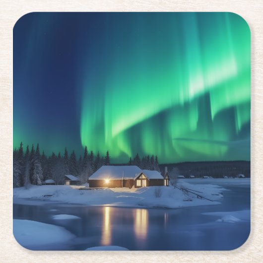 Aurora borealis boven winterhut kartonnen onderzetters (Voorkant)