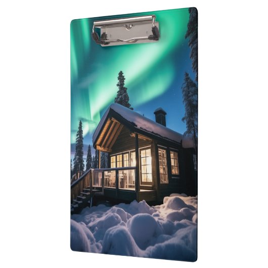 Aurora borealis boven winterhut klembord (Links)