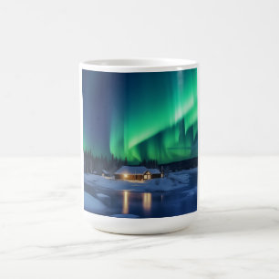 Aurora borealis boven winterhut koffiemok
