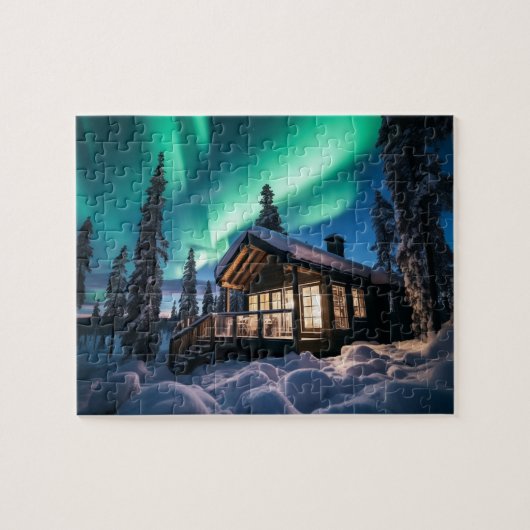 Aurora borealis boven winterhut legpuzzel (Horizontaal)