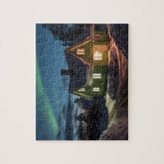 Aurora borealis boven winterhut legpuzzel (Verticaal)
