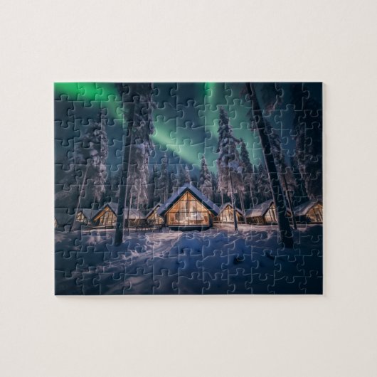 Aurora borealis boven winterhut legpuzzel (Horizontaal)