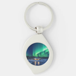 Aurora borealis boven winterhut sleutelhanger