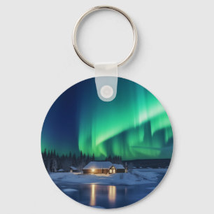 Aurora borealis boven winterhut sleutelhanger