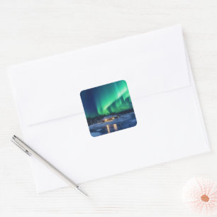 Aurora borealis boven winterhut vierkante sticker