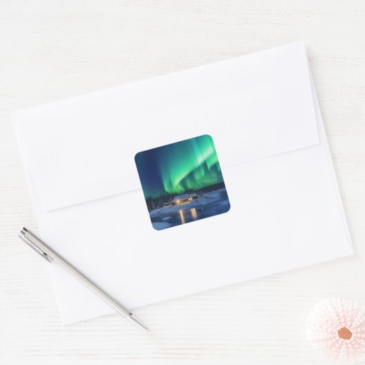 Aurora borealis boven winterhut vierkante sticker (Envelop)