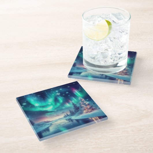 Aurora borealis/Kerstmis/Winter Glazen Onderzetter (Schuin)