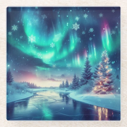 Aurora borealis/Kerstmis/Winter Glazen Onderzetter (Voorkant)