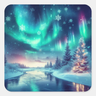 Aurora borealis/Kerstmis/Winter Vierkante Sticker